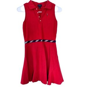 Polo Ralph Lauren Girls Red Sleeveless Polo Dress Striped Waist L 12-14